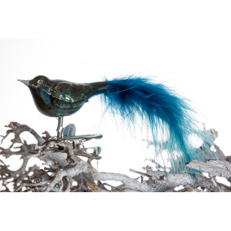 Christbaumschmuck-Glasornament Vogel blau mit Feder