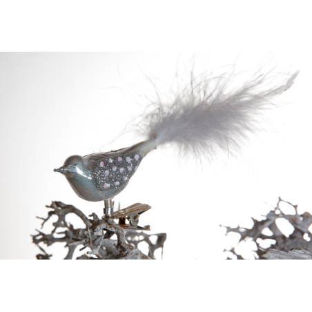 Christbaumschmuck-Glasornament Vogel silber mit weisse Feder auf Clip