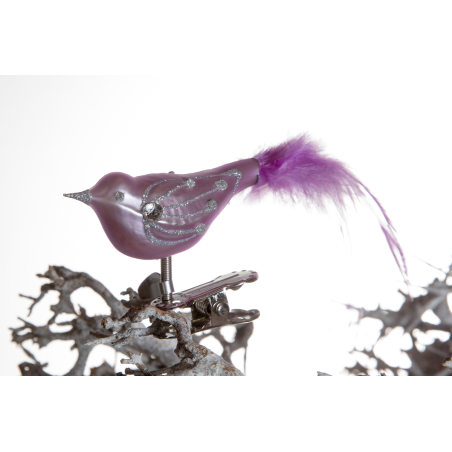 Christbaumschmuck-Glasornament Vogel lila auf Clip mit Feder