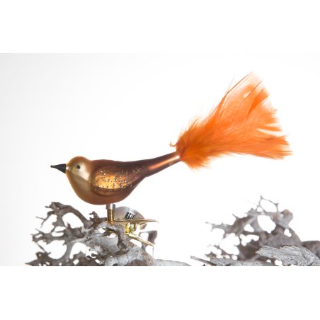 Christbaumschmuck-Glasornament Vogel braun auf Clip mit orange Feder