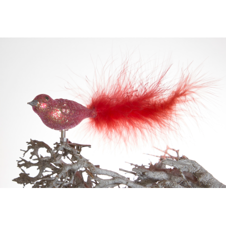 Christbaumschmuck-Glasornament Vogel rot-gold auf Clip mit rote Federn