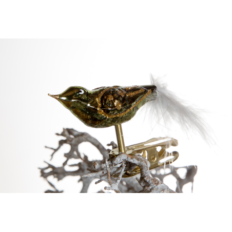 Christbaumschmuck-Glasornament Vogel mini grün-gold auf Clip mit weisse Feder