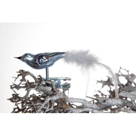 Christbaumschmuck-Glasornament Vogel mini eisblau auf Clip mit weisse Feder