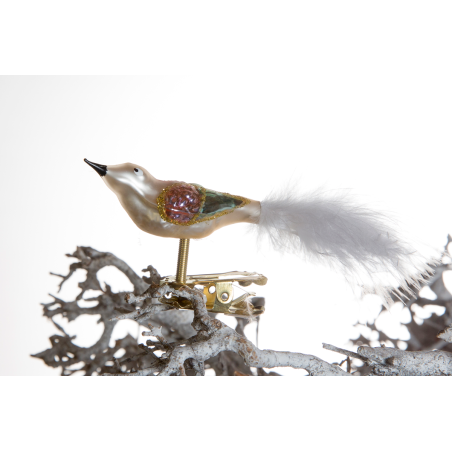 Christbaumschmuck-Glasornament Vogel mini champagner mit bunte Flügel auf Clip mit weisse Feder