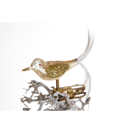Christbaumschmuck-Glasornament Vogel mini champagner gold Flügel auf Clip mit weisse Feder