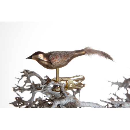 Christbaumschmuck-Glasornament Vogel mini braun auf Clip mit Feder