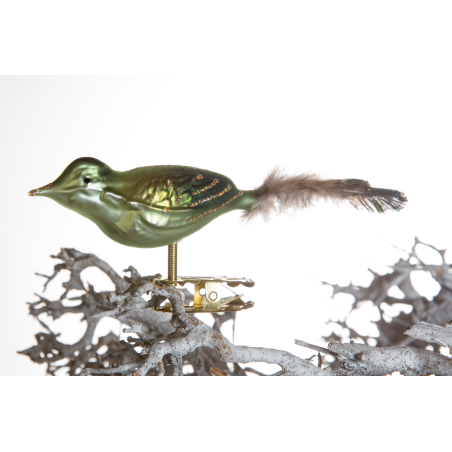 Christbaumschmuck-Glasornament Vogel grün auf Clip mit Feder