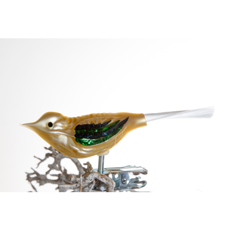 Christbaumschmuck-Glasornament Vogel gelbgold auf Clip mit grüne Flügel und Glasfaser-Schwanz