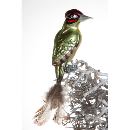 Christbaumschmuck-Glasornament Vogel Grünspecht auf Clip mit Feder